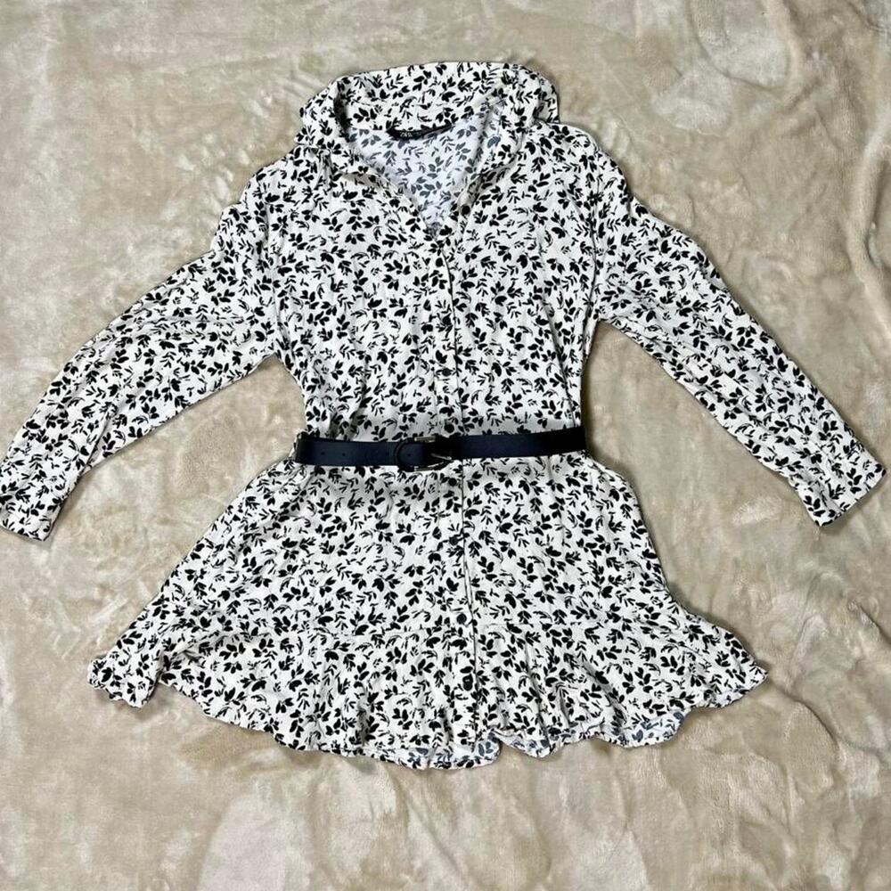 Zara Floral Long Sleeve Belted Mini Dress Black White Size M